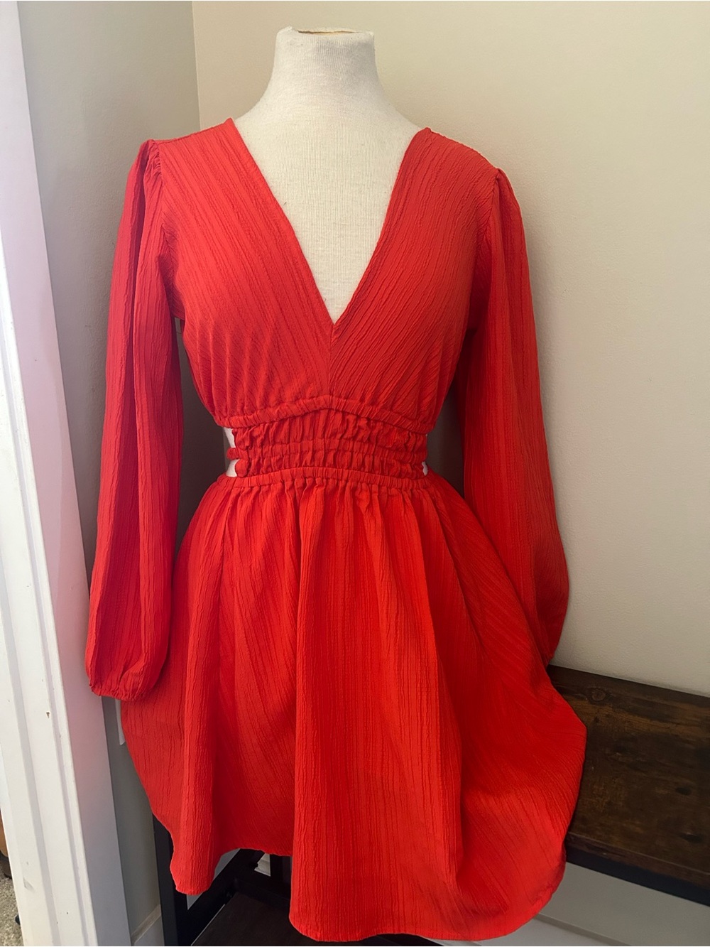 Red Long-Sleeve V-Neck Mini Dress